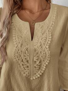 EMERY ROSE Solid Color Short Sleeve V-Neck Simple Fashionable Shirt, Suitable For Summer Cotton - Khaki - View 9