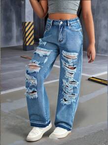 Tween Girls Street Style Distressed Loose Straight Wide-Leg Jeans - Medium Wash - View 5
