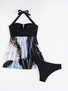 SHEIN 2pcs Summer Spaghetti Strap Crop Top With Drawstring And High Cut Bottoms Elegant Bikini Set - Multicolor - View 4