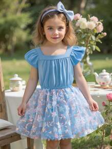 SHEIN 年轻女孩 2 件套：编织纯色领褶边衬衫 + 编织网眼裙，适合婚礼花童的优雅装扮 - 藍色 - 查看 1