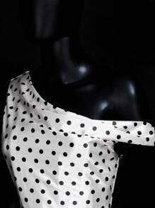 SHEIN ICON Satin Polka Dot Print One-Shoulder Top And Low Waist Skirt Set - Black and White - View 11