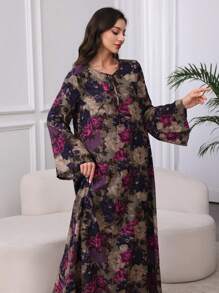Al Najma Cotton Floral Print Lace-Up Collar Comfortable Dress,Modest - Purple - View 3