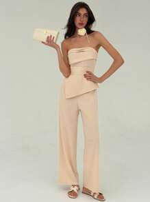 Aloruh Women's Minimalist Office Commuter Sleeveless Jumpsuit With Train Long Pants