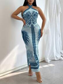 Chiquease Vestido elegante para mujer con escote halter, cintura anudada y abertura alta con estampado, para vacaciones - Azul - Ver 3