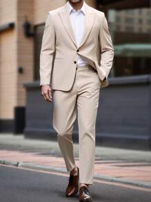 Manfinity Mode Conjunto de blazer y pantalones de color liso con cuello de solapa y manga larga para hombres de talla grande - Caqui - Ver 3