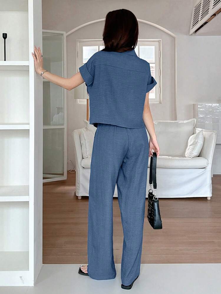 2 Pieces Set Women Solid Color Shirt And Wide Leg Pants