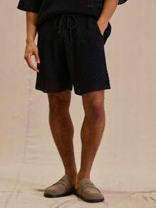 Musero Men Elasticated Drawstring Waistband Lined Crochet Knit Lightweight Jersey Shorts SPRING Style Wardrobe - Black - View 2