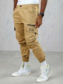 Manfinity Homme Manfinity Mode 男士多口袋工装裤，品牌时尚百搭休闲裤，工装裤 - 卡其色 - 查看 2