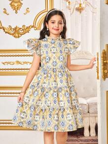 Tween Girls Elegant Geometric Retro Print Ruched Ruffle Hem Dress, Vacation, Gorgeous Palace Style, Gold Retro Print - Khaki - View 12