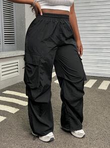 SHEIN EZwear 黑色抽绳腰部宽松休闲大码工装裤 - 黑色 - 查看 5