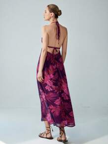 SHEIN Privé Island Coconut Tree Chiffon Print Sleeveless V-Neck Dress, Summer - Multicolor - View 4