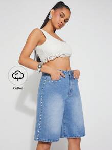 SHEIN Unity Short Jort Spring Pearl Detail 5 Pockets Baggy Festival Summer Denim Streetwear Brunch Preppy Thanksgiving Christmas NYE New Years Eve Outfits For Women - Blue - View 3