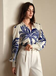 Anewsta Blusa/Camisa holgada con estampado colocado, estilo casual chic de vacaciones, adecuada para outfits de mujer en vacaciones, primavera/verano
