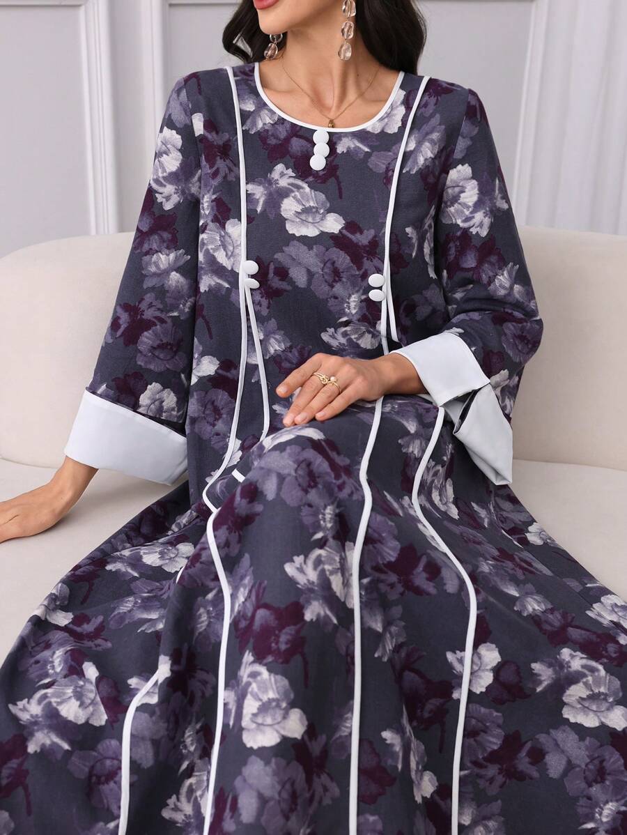 Al Najma V 领花卉印花前片撞色饰边喇叭袖阿拉伯风格连衣裙,端庄 - 紫色 - 查看 1