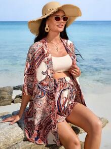SHEIN 2pcs Maternity Plant Print Kimono Top And Shorts Set - Multicolor - View 6
