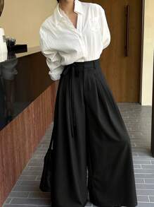 DAZY Women's Solid Color Casual Loose Drawstring Pleated Wide Leg Pants