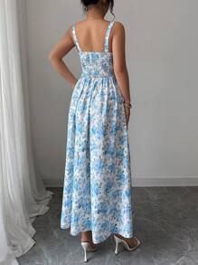 Elenzga Vestito da donna a fantasia floreale con spacco laterale, bretelle a spaghetti e lunghezza media, stile vacanziero