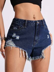 SHEIN EZwear 休闲牛仔短裤，时尚又适合夏天 - 深色水洗藍 - 查看 5