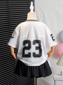 SHEIN Leap Crew Young Girl 2 Pieces Set: Loose Numeric Print Woven Top And Solid Colored Woven Mini Skirt - Black and White - View 8