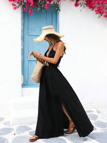 Vivid Eden 女士休闲度假黑色 100% 纯棉串珠长裙，交叉露背设计，女士夏季服装、度假服装、波西米亚风女装、狂欢节服装、女士海滩服装