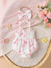 2件套女婴可爱兔子印花无袖连体衣和蝴蝶结发带套装，甜美可爱，适合夏季/复活节 - 白色 - 查看 2