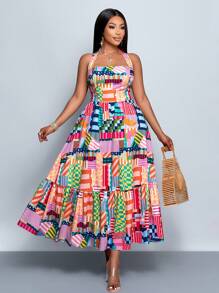 SOLERSUN New Spring And Summer Plus Size Women's Vacation Daily Leisure Outing Color Bar Digital Print Halter Sleeveless Dress - Multicolor - View 5