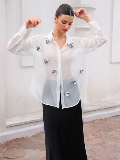 Aveloria Rosie Elegant Vintage Party Metallic Shiny Fabric Beaded & Sequined Floral Design Sexy Sheer Spring/Summer Women's Loose Blouse