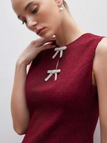 Aveloria Rosie 安格拉红色纯色优雅别致淑女法式情人节约会百搭粗花呢面料领蝴蝶结水晶装饰无袖迷你连衣裙