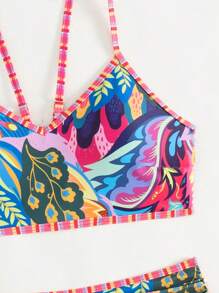 Swim Lushoire 2pcs Beach Summer Outfits For Women, Random Print Camisole Top And High Waist Bikini Bottom Swimwear Set