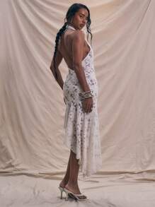 MUSERA 露背深V领印花不对称无袖长裙，夏季度假春季优雅可爱沙滩长裙，适合新娘、单身派对、告别单身派对、婚礼和复活节等场合。 - 杏色 - 查看 3