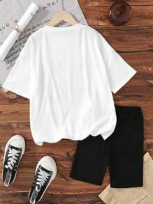 SHEIN Explorewe 2pcs/Set Girls Casual Sports Outfit, Vintage Car Print Loose Top And Matching Tight Leggings, Comfortable For Spring/Summer Sports & Outdoor Activities - Black and White - View 2