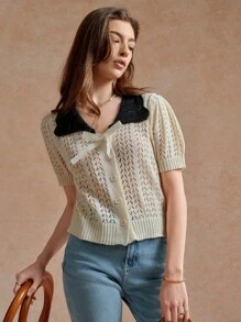 Écloséra Áo len cardigan nữ kiểu Pháp rộng rãi, cổ bẻ, tay ngắn, màu tương phản, khoét sâu, đen trắng, nhẹ, mùa xuân/hè - Đen và trắng - Xem 1
