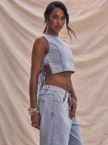 MUSERA Washed Denim Seam Detail Cropped Sleeveless Top Summer Cute Chic Spring - Light Wash - View 2