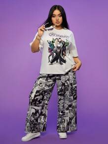 CATWOMAN X SHEIN Traje de talla grande con diseños grandes, camisetas holgadas, mono estampado, pantalones de pierna ancha, bolsillos grandes, estilo cómics estadounidenses, adecuado para ir de compras, blanco, traje de dos piezas CATWOMAN X