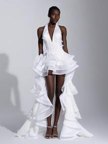 Elitara Elegant White Sequins Embroidered 3D Flower Deep V-Neck Sleeveless Ruffled Hem Maxi Dress, Suitable For Wedding, Bride, Bridal Shower Gown