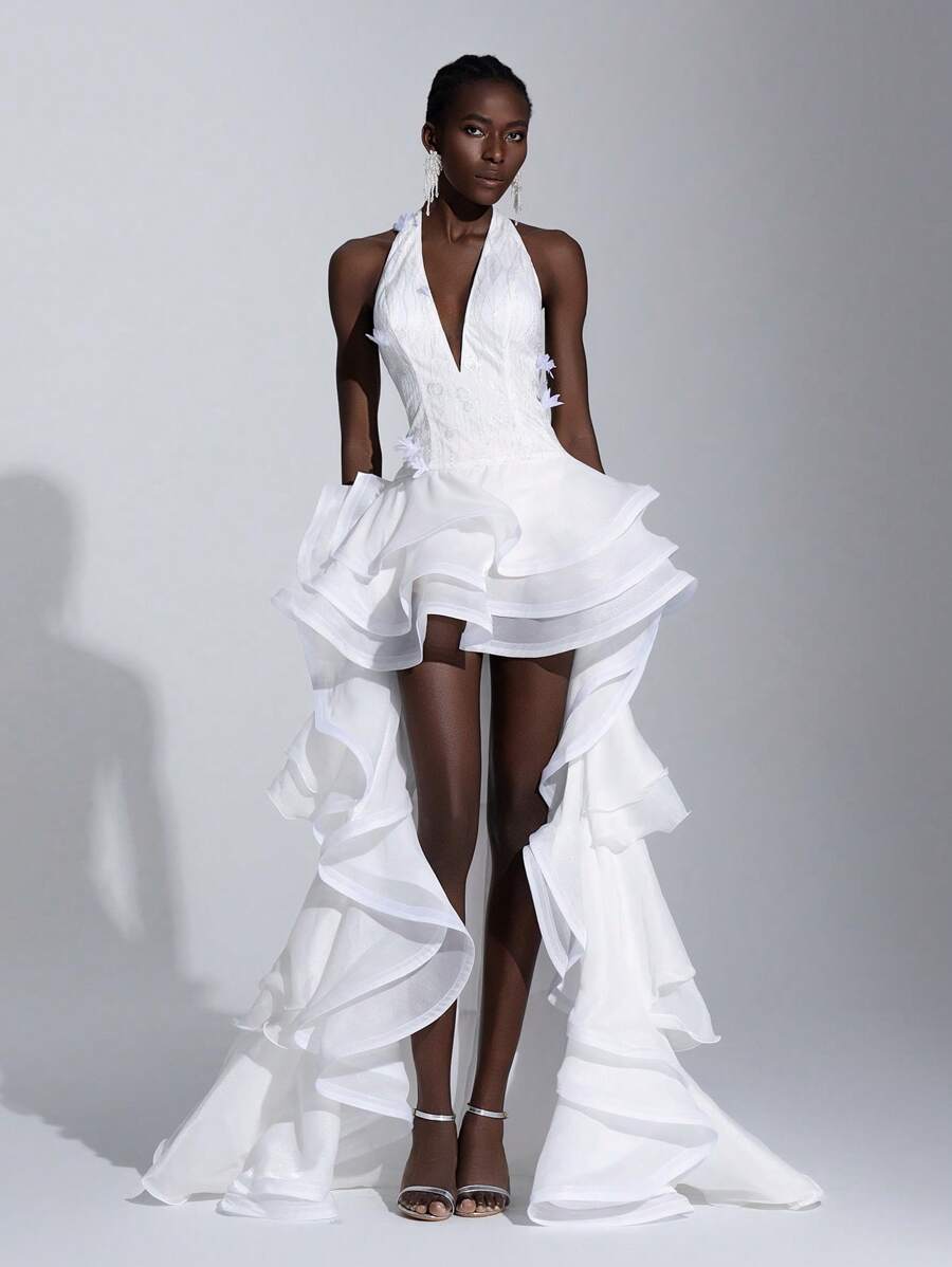 Elitara Elegant White Sequins Embroidered 3D Flower Deep V-Neck Sleeveless Ruffled Hem Maxi Dress, Suitable For Wedding, Bride, Bridal Shower Gown