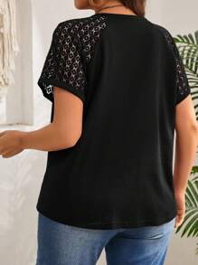 EMERY ROSE 大码女式早春短袖酒红色蕾丝拼布 T 恤