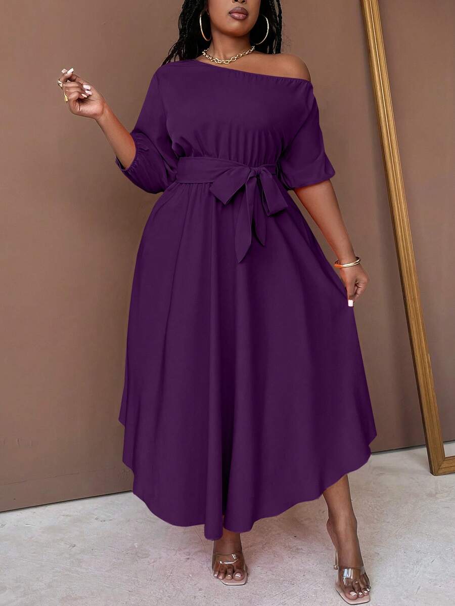 Maweii Vestido largo con cinturón y cuello asimétrico de línea A para mujer de talla grande - Morado - Ver 1