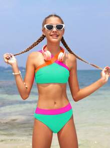 SHEIN Conjunto de bikini de bloques de color para adolescentes, traje de baño casual para la playa