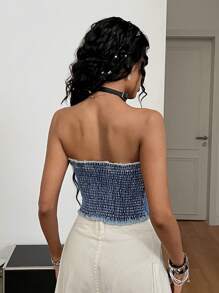 SHEIN EZwear 女士夏季西部牛仔装 Y2K 度假装街头装休闲日常装毛边前拉链无袖牛仔上衣