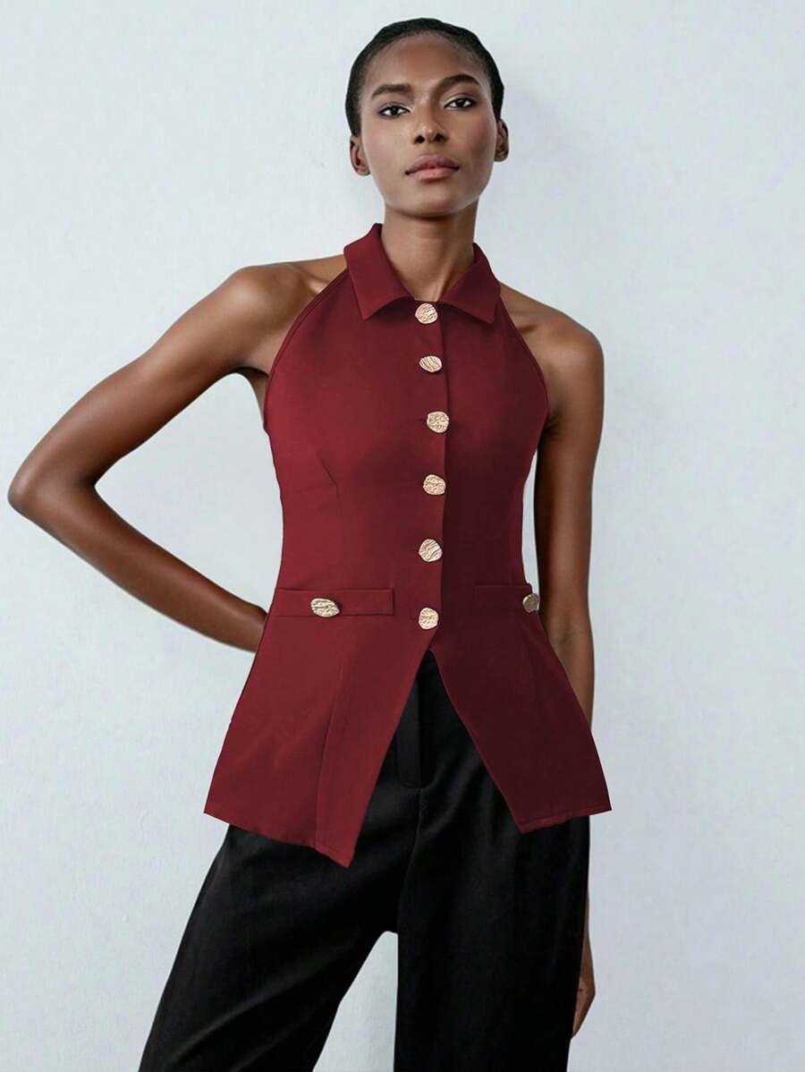 Lumivelle 女士时尚无袖上衣，配有金属装饰纽扣，腰部收紧合身酒红色衬衫设计 - 酒紅色 - 查看 1