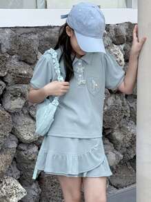 DAZY 2 件套青少年女孩针织领短袖 T 恤和裙子套装，夏季，返校服装 - 藍色 - 查看 5