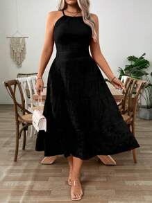 SHEIN Clasi Plus Size Women Solid Color Criss-Cross Back Casual Cami Dress - Black - View 7