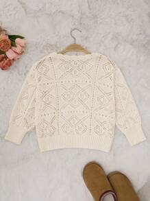 RueChic Women's Crochet-Style Knit Top With Geometric Patterns And Scalloped V-Neck In Cream - White - View 2