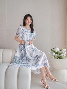 DAZY 女式纹理荷叶边袖 A 字中长连衣裙 - 藍色 - 查看 3