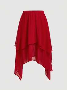 SHEIN MOD 高腰纯色荷叶边不对称下摆长裙，夏季女款，红色裙子，不对称下摆裙，中长裙