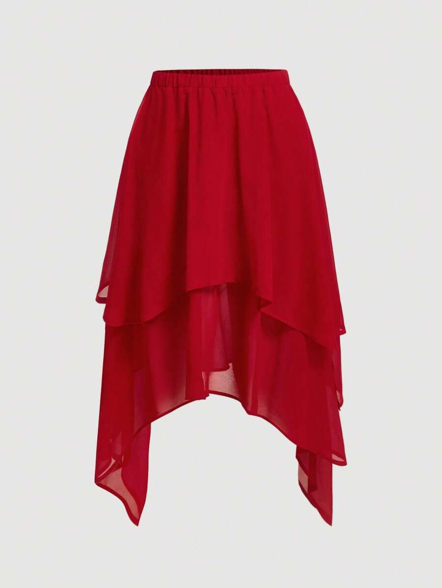 SHEIN MOD 高腰纯色荷叶边不对称下摆长裙，夏季女款，红色裙子，不对称下摆裙，中长裙