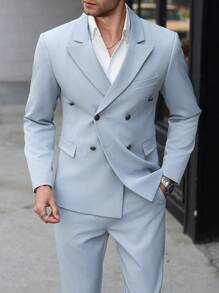 Manfinity Mode Plus Size Men's Simple & Fashionable Summer Suit - Blazer And Trousers Set - Light Grey - View 6