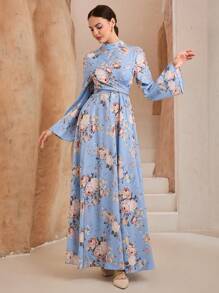 Graceveil Stand Collar Cross Strap Flare Sleeve Women Arabic Long Dress - Blue - View 5