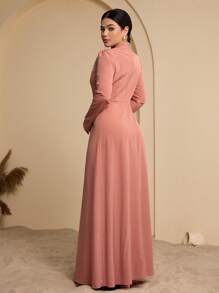 Seusyu 立领印花丝带束腰喇叭下摆阿拉伯风格女式连衣裙，端庄 - 粉色 - 查看 2